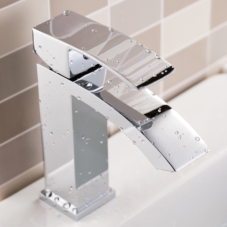 Ridge Waterfall Angled Spout Single Hole Bathroom Sink Faucet Solid Brass 1-Handle in Chrome Finish window image