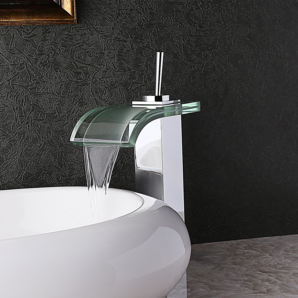 Co-crystal Single Lever Waterfall Bathroom Vessel Sink Faucet Curved Glass Spout Polished Chrome window image