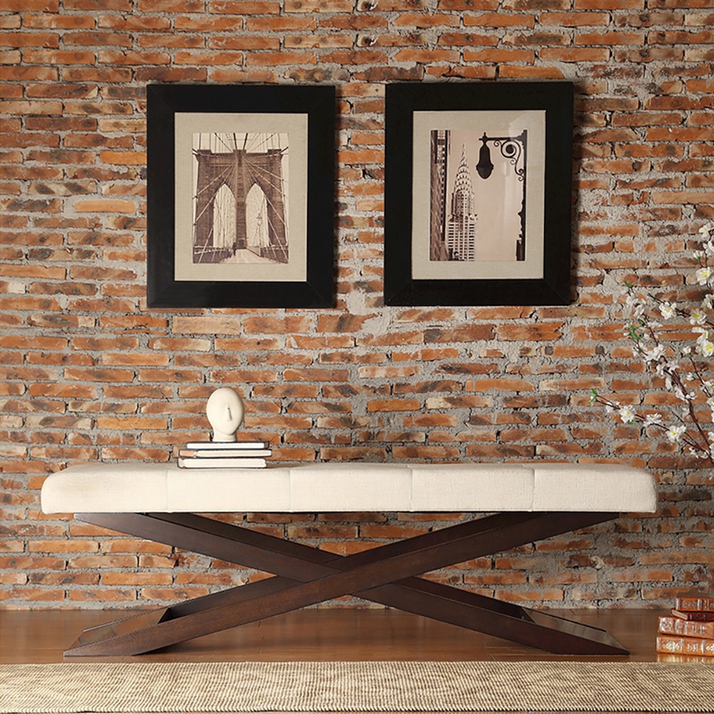 Off White Linen Bench Upholstered Carbon Steel Bench window image