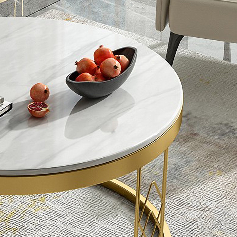 Modern Round Coffee Table with Marble Tabletop Metal Base in Gold window image