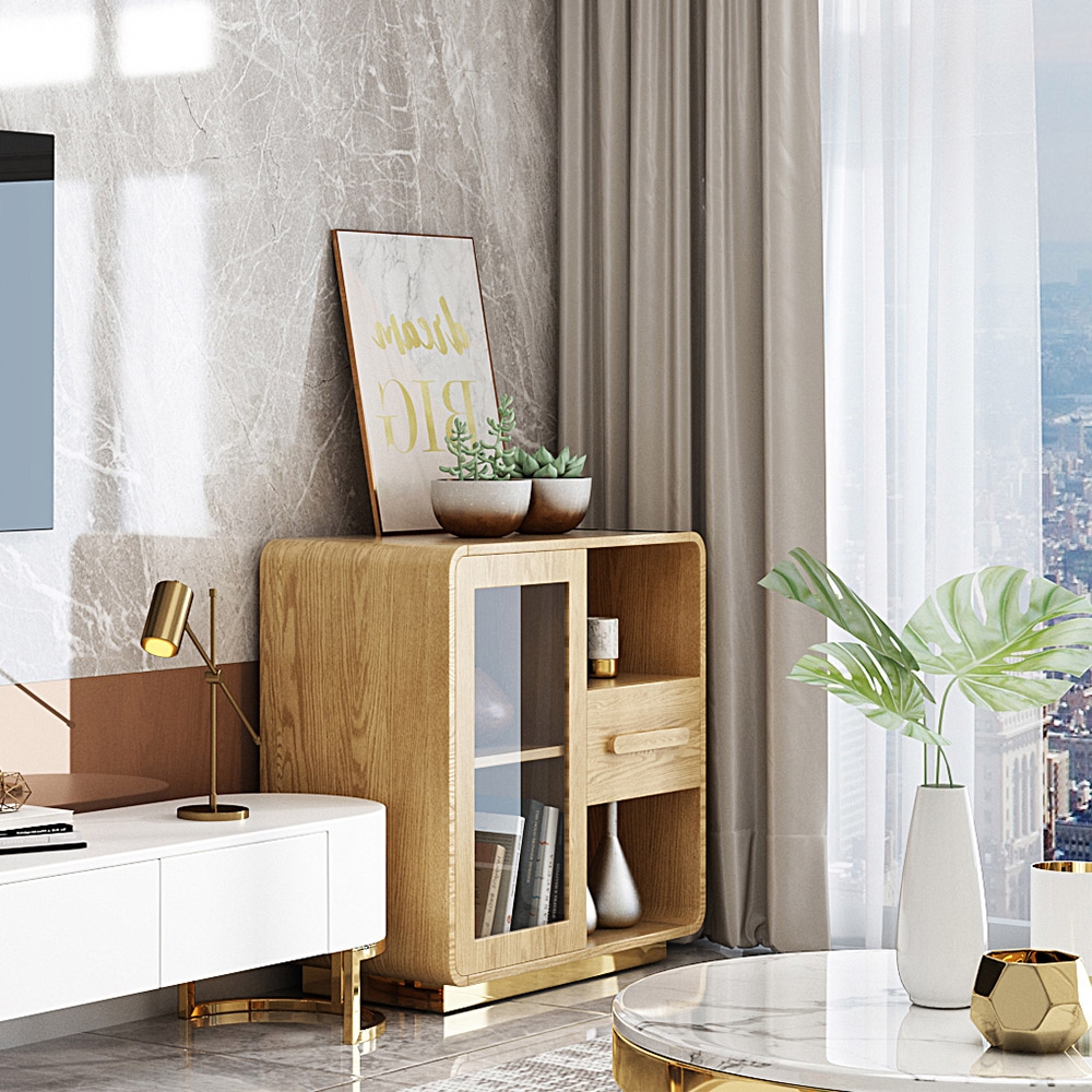 Armoire de rangement naturelle moderne avec porte et tiroir en bois massif image de fenêtre