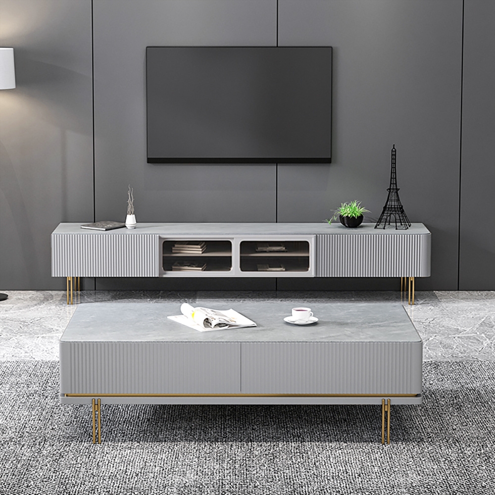Minimalist Gray TV Stand Sintered Stone Top Media Console with Sliding Doors for TVs window image