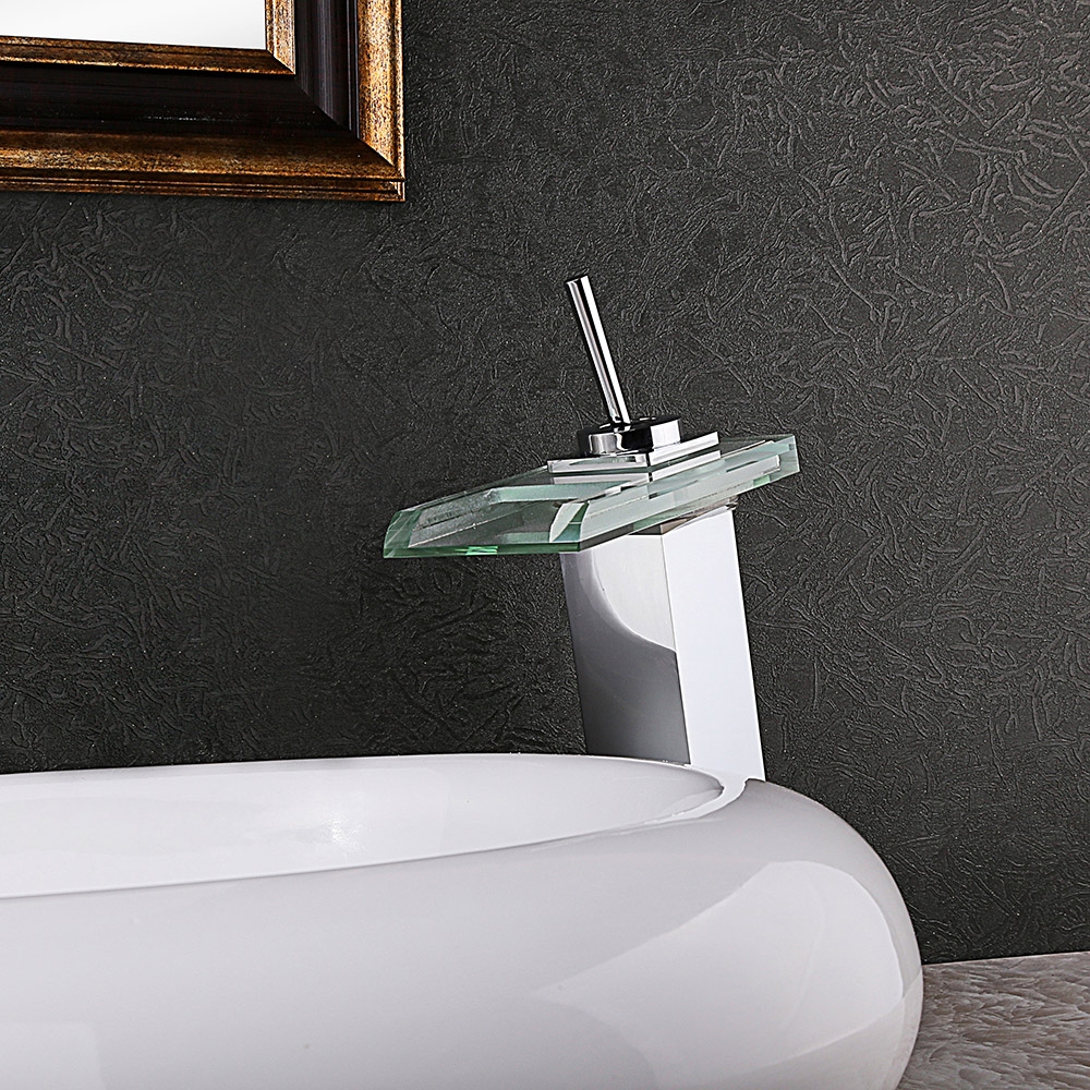 Fun LED Tall Glass Spout Single Lever Single Hole Waterfall Vessel Sink Faucet Chrome window image