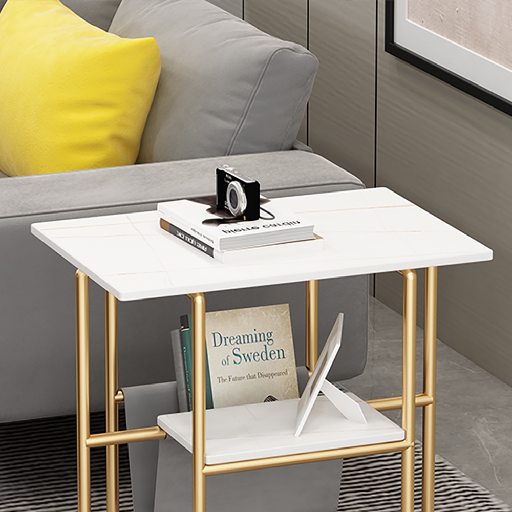 Black/ White Modern End Table with Shelf Sintered Stone Top & Metal Frame Side Table window image