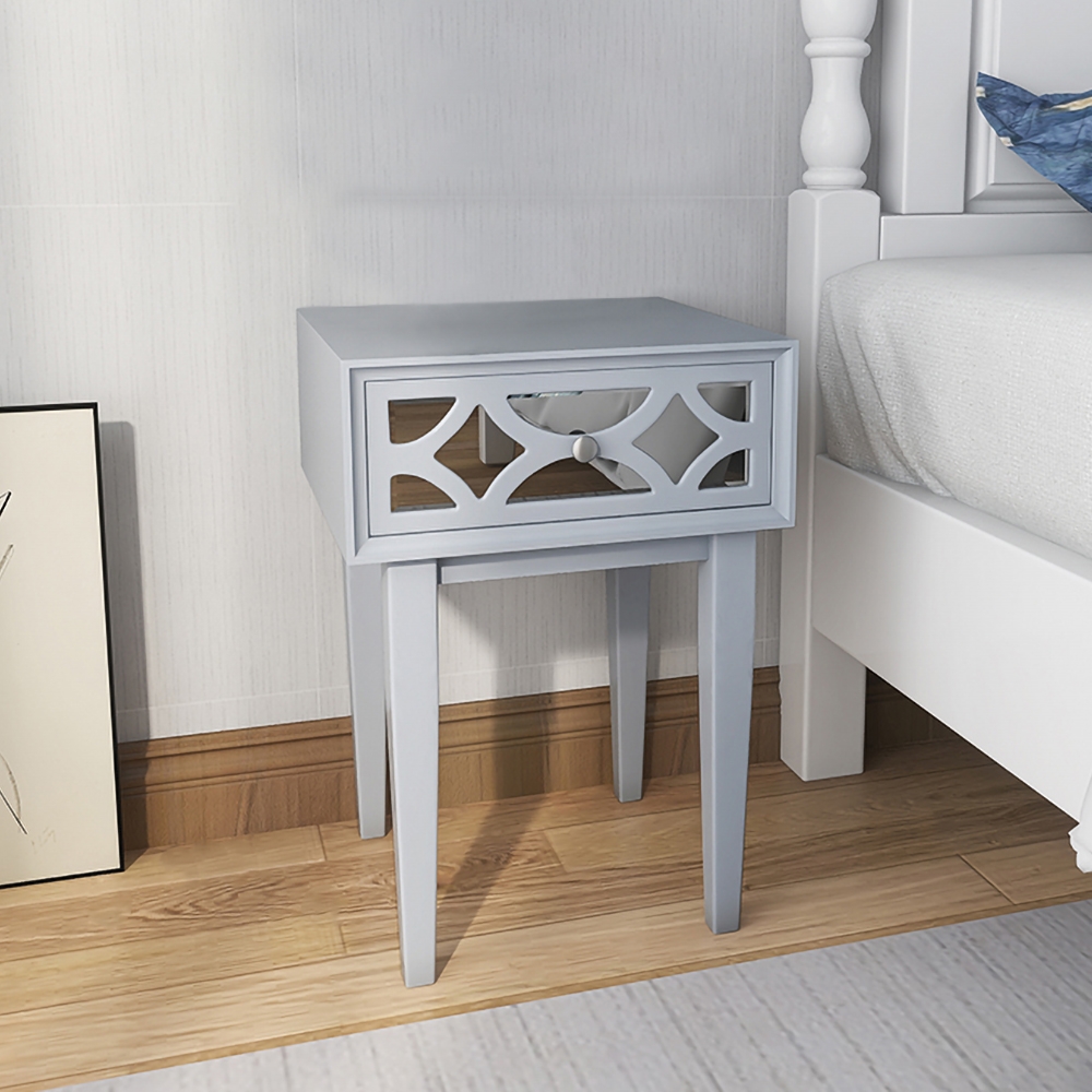 Modern Blue Nightstand with 1 Carved Glass Drawer in High Legs window image