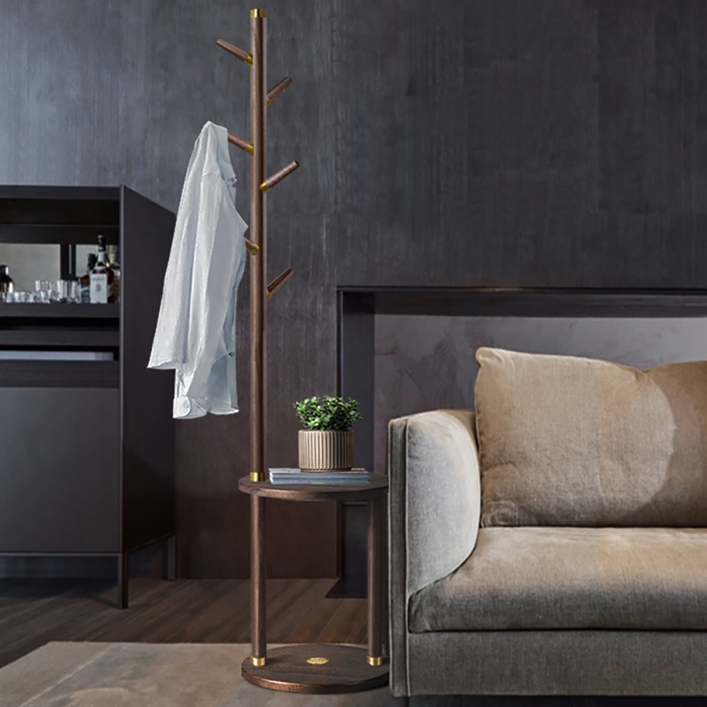 76'' Modern Black Walnut Rubber Wood Coat Rack Freestanding 6 Hooks with Round Table window image