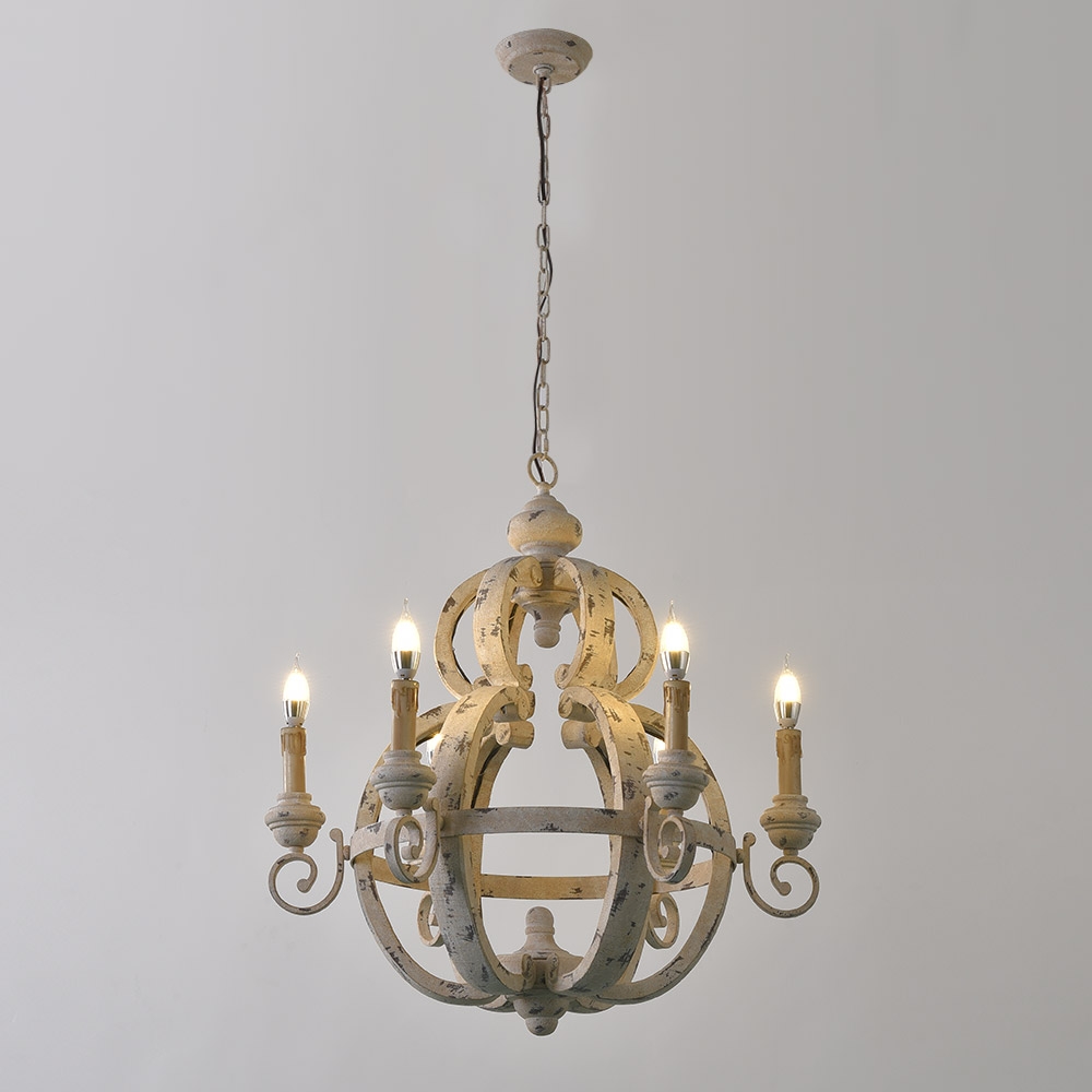 Farmhouse French Candle Style Distressed White Sphere 6-Light Chandelier Wood and Metal window image