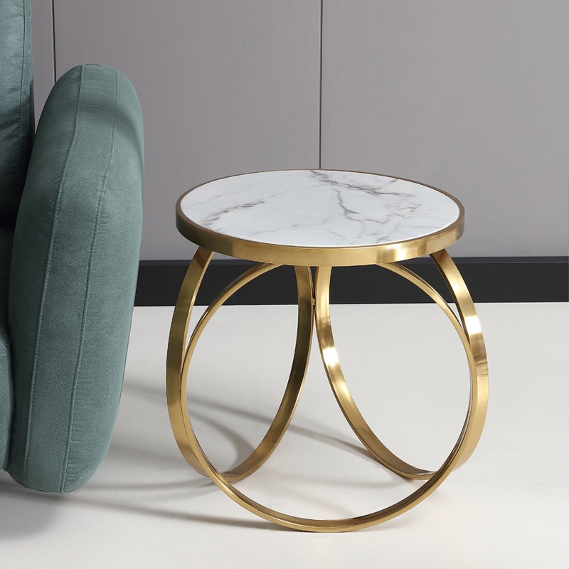 Marble End Table Modern Faux Marble Round Side Table Gold Stainless Steel window image