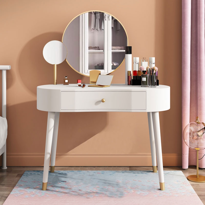 Elegant Makeup Vanity Table Set 2 Mirrors with Drawer & Stool Brushed Gold White window image