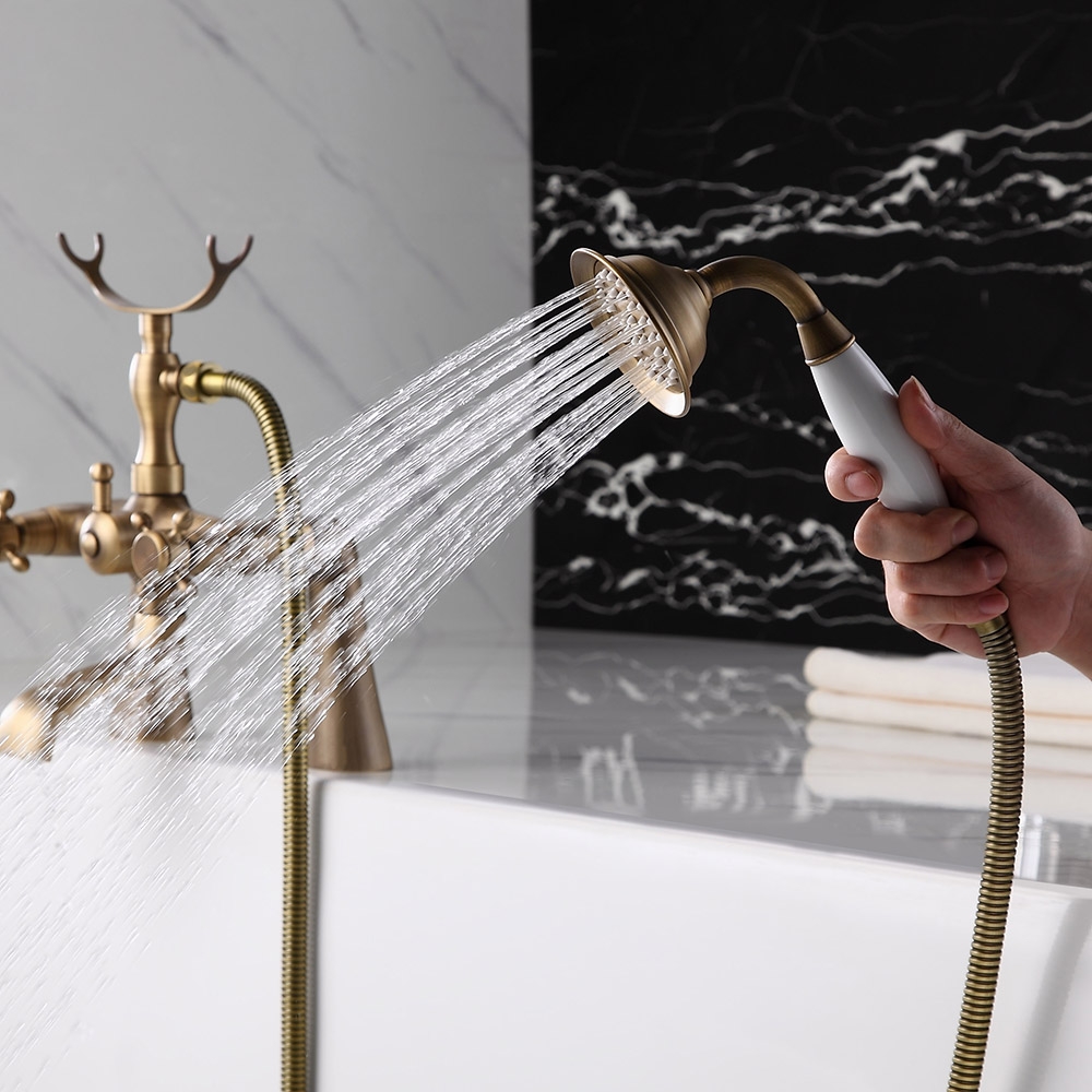 Montag Vintage Deck Mounted 2-Handle Antique Brass Tub Faucet with Hand Shower Solid Brass window image