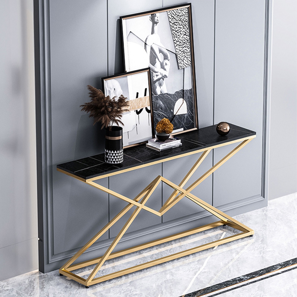 Modern White Luxury Sintered Stone Narrow Console Table Rectangular Gold Finish window image