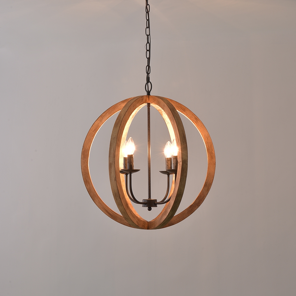 Rustic Vintage 4 Lights Brown Wood Globe Orb Chandelier Rust Metal Candle Light window image
