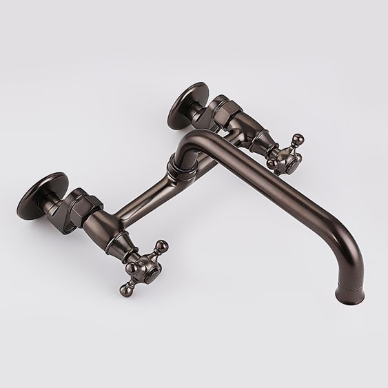 Classic Aerated Spout Wall-Mounted Double Cross Handle Kitchen Faucet Solid Brass in Oil Rubbed Bronze window image