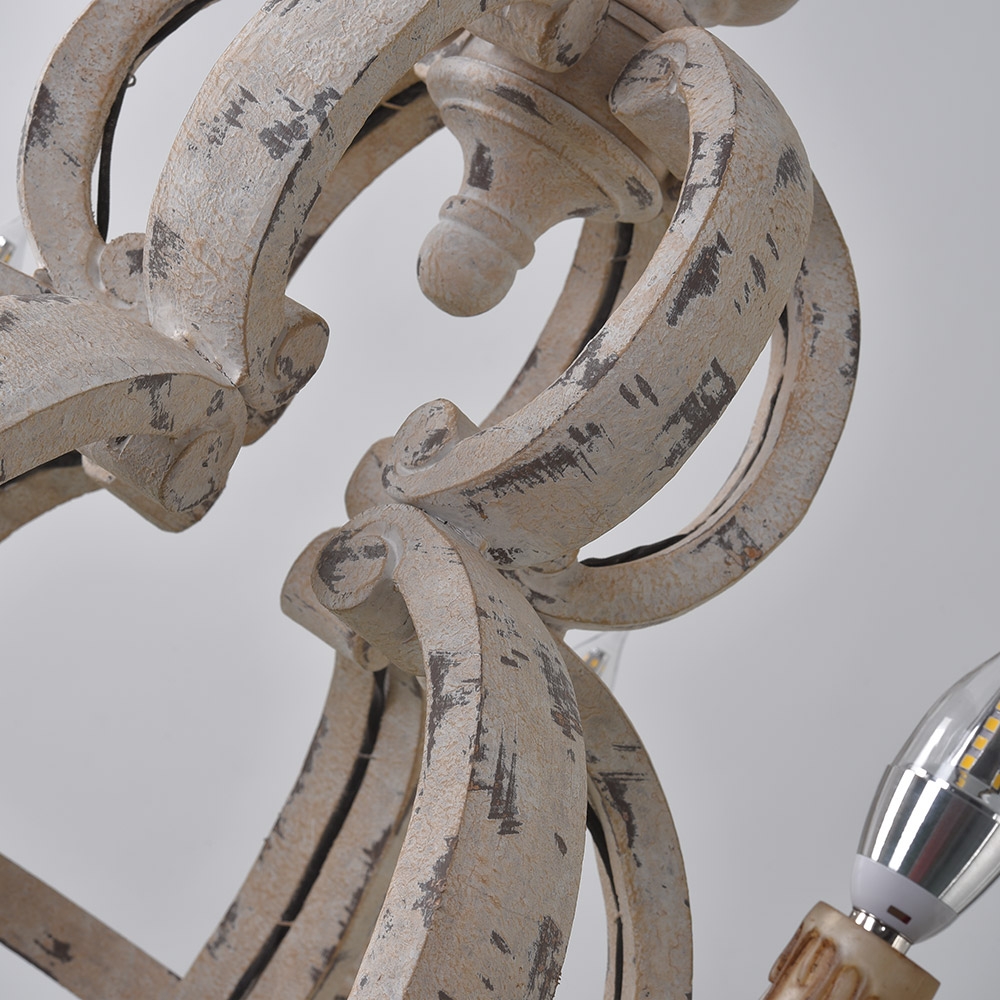 Farmhouse French Candle Style Distressed White Sphere 6-Light Chandelier Wood and Metal window image