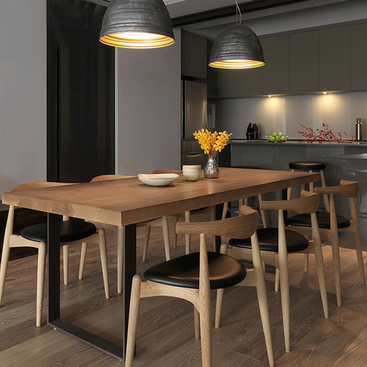 Industrial Loft Rectangular Solid Wood Table Top Metal Base Dining ...