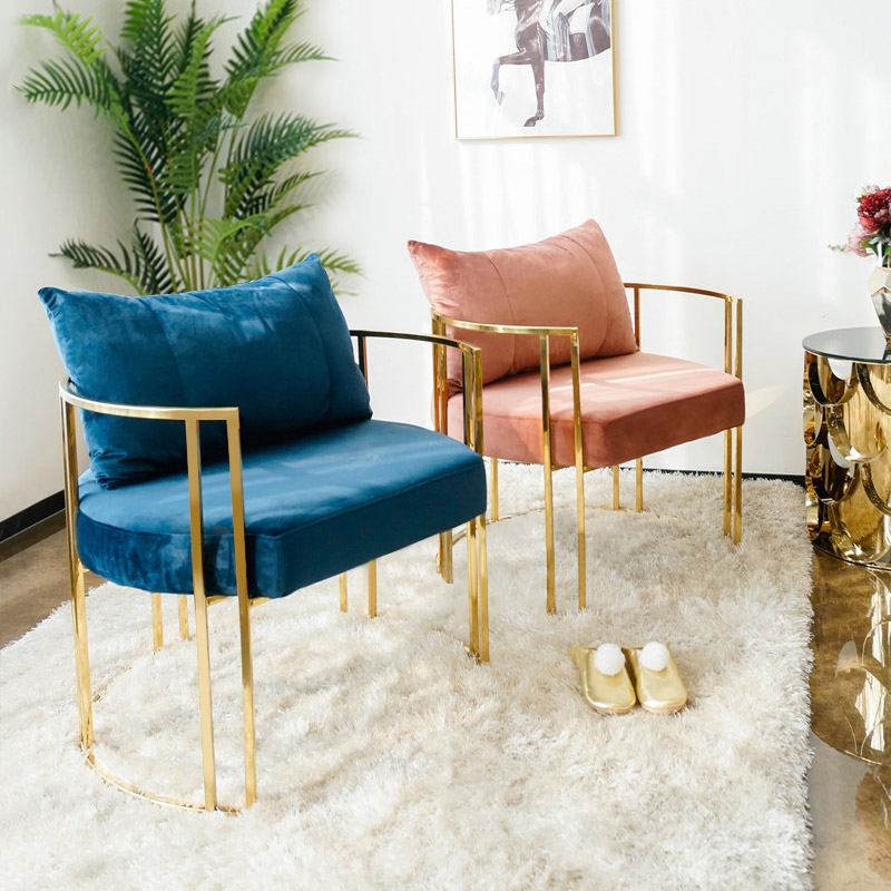 Gold Accent Chair Blue Velvet Barrel Chair with Pillow Back & Cushion Stainless Steel Frame window image