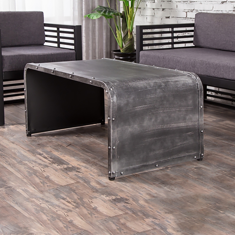 Industrial Vintage Distressed Silver Coffee Table Rectagular Accent Table Metal window image