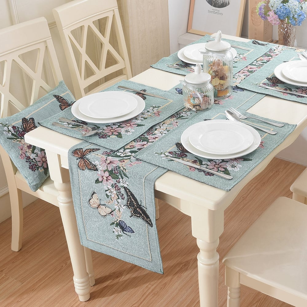 Pastoral Style Floral Embroidered Placemat Jacquard Fabric Blending Butterfly & Flower Placemats Set of 4 window image