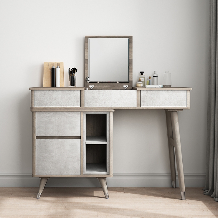 Moderne Scandinavische grote make-up kaptafel en zijopbergmeubel met spiegelspiegel en opbergkast in cementgrijs Vensterafbeelding