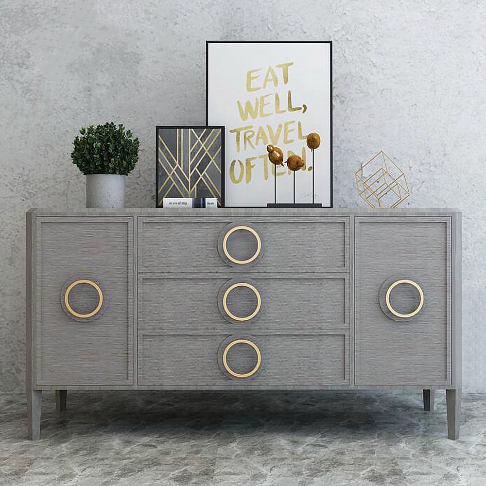 71'' Mid-Century Gray Sideboard Cabinet Gold Credenza with Drawers & 2 Door