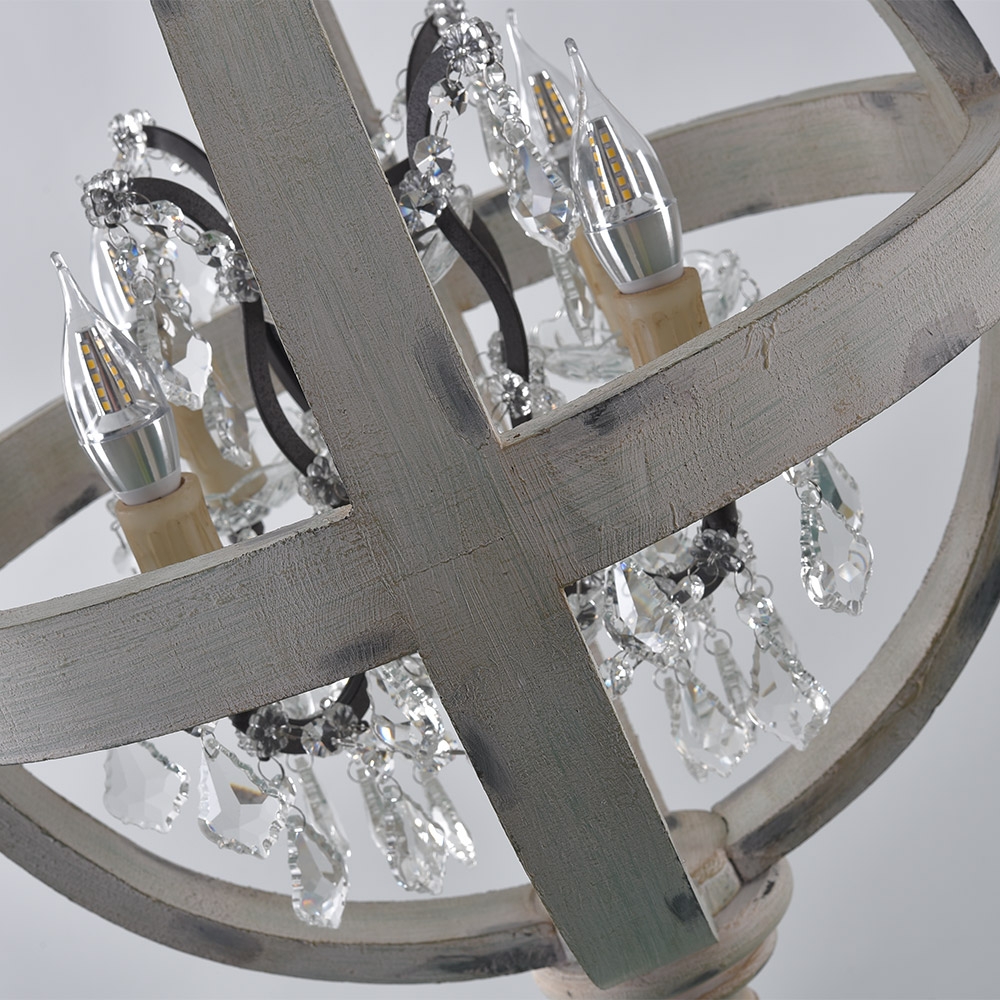 French Country Globe Chandelier 4-Light Wood Orb Crystal Chandelier Antique White window image