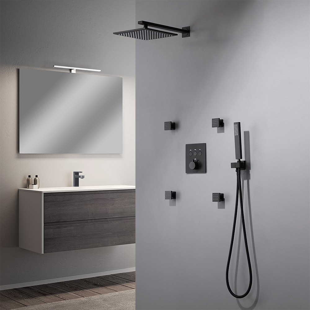 Mitigeur de douche thermostatique à effet pluie noir mat avec 4 jets corporels et douchette image de fenêtre