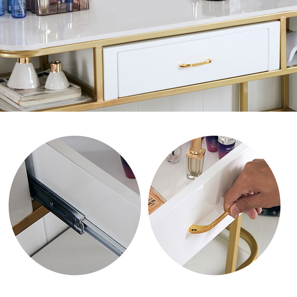 39" Modern White Makeup Vanity Faux Marble Dressing Table with 1 Drawer & Shelves in Gold window image