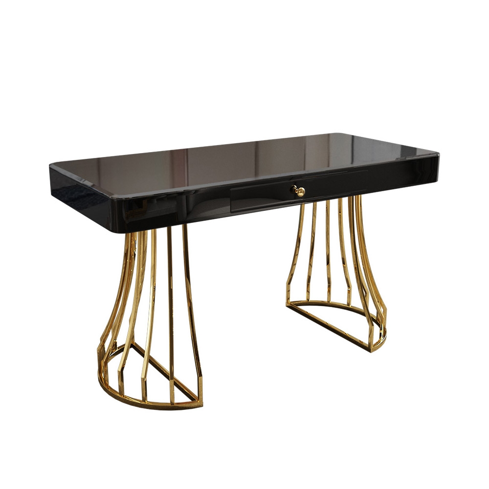 Bureau de bureau moderne en acier inoxydable avec base dorée 1200 mm Noir image de fenêtre