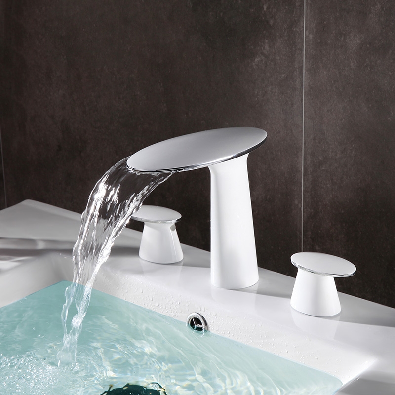 Pene Contemporary Widespread Waterfall Solid Brass Bathroom Sink Faucet Double Lever Handle Finished in White with a Pinch of Chrome window image