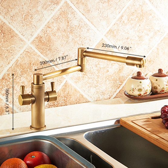 Zita Foldable Single Hole Double-Handle Kitchen Faucet Pot Filler in Antique Brass