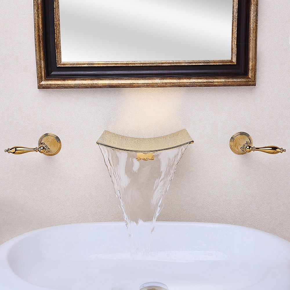 Grop Modern Waterfall Wall Mount 2-Handle Bathroom Sink Faucet Solid Brass in Gold window image