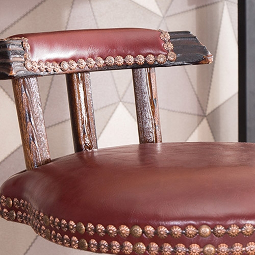 Retro Rustic Swivel Bar Stool Leather Wood Bar Stool with Back Round Nail Heads Seat Cushion in Wine window image