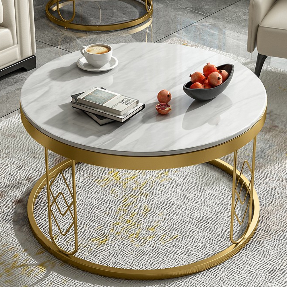 Modern Round Coffee Table with Marble Tabletop Metal Base in Gold window image
