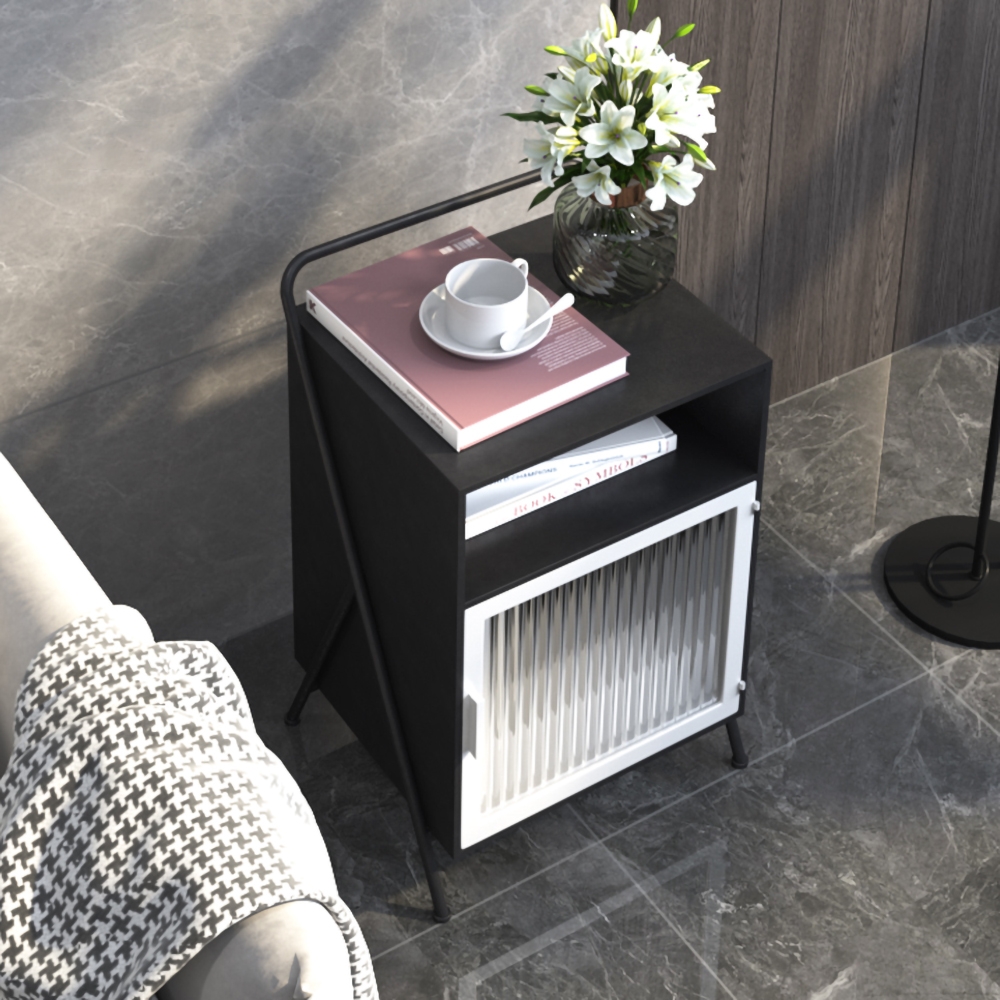 Black Square End Table with Glass Door & Open Storage Metal Bedside Table window image