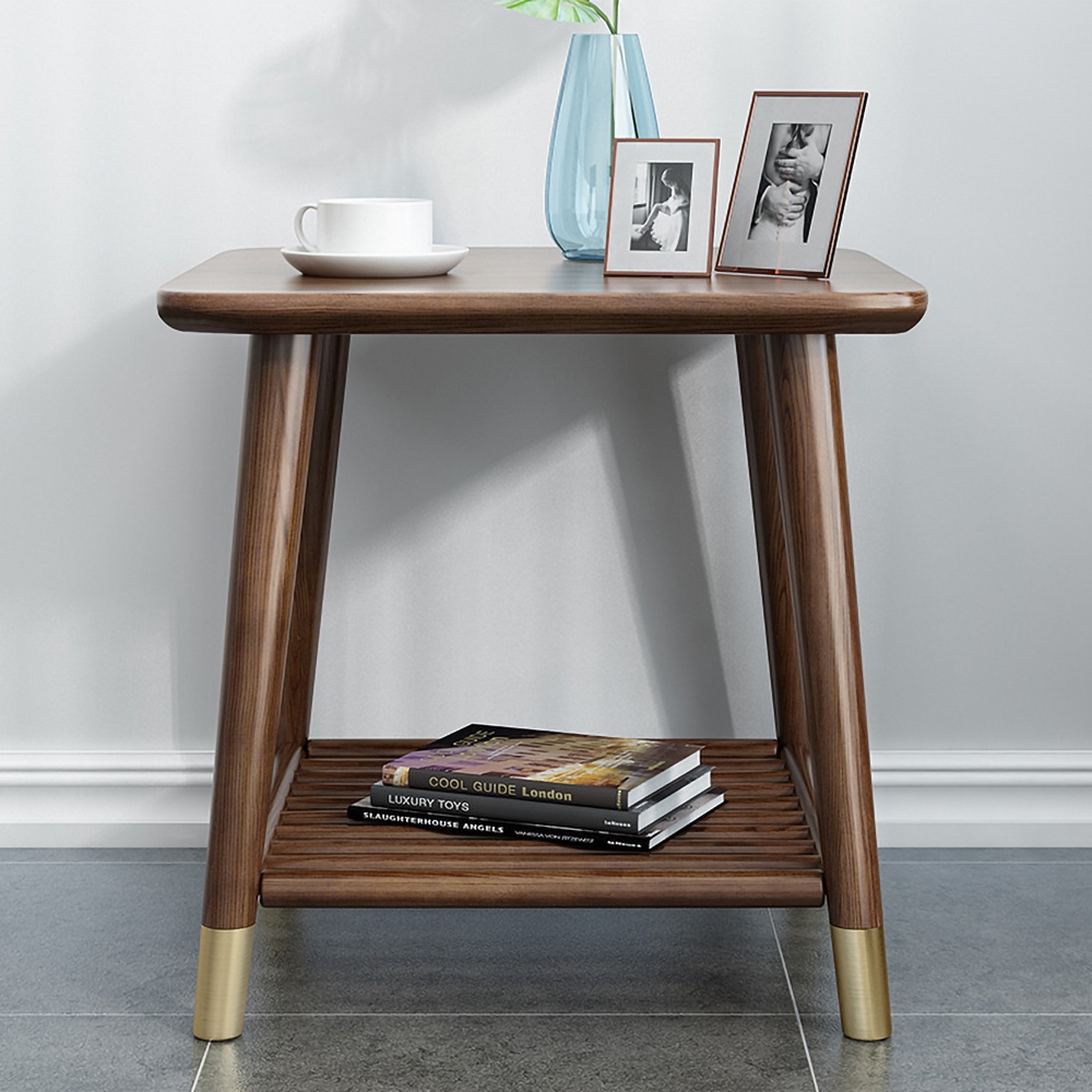 Solid Wood End Table Modern Square Side Table with Storage Shelf window image