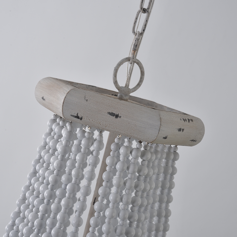 Farmhouse French Country Distressed White Wood Draped Beaded Chandelier Basket 6-Light Ceiling Light window image