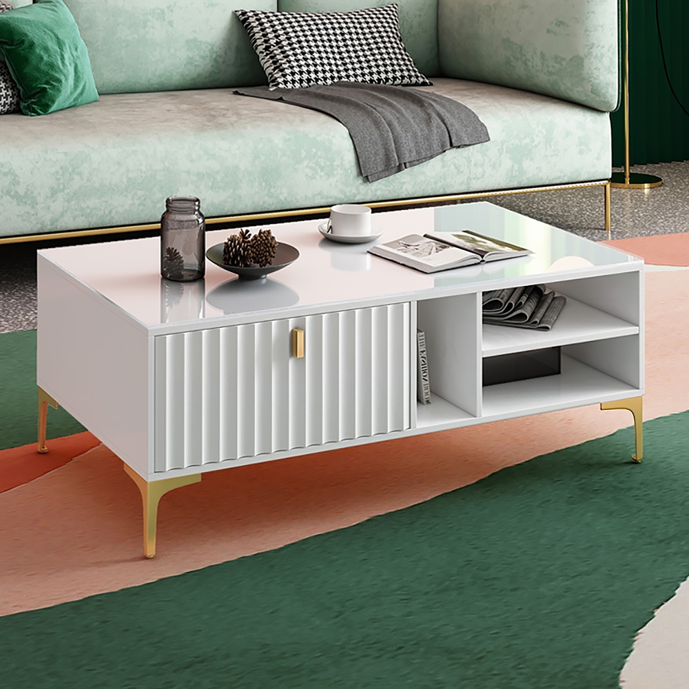 White and Gold Rectangle Coffee Table with Storage 2 Drawers & 3 Shleves window image