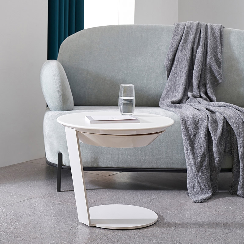 Modern Minimalist C Side Table with Tray 20" White Side Table with Storage & Rotatable Top window image