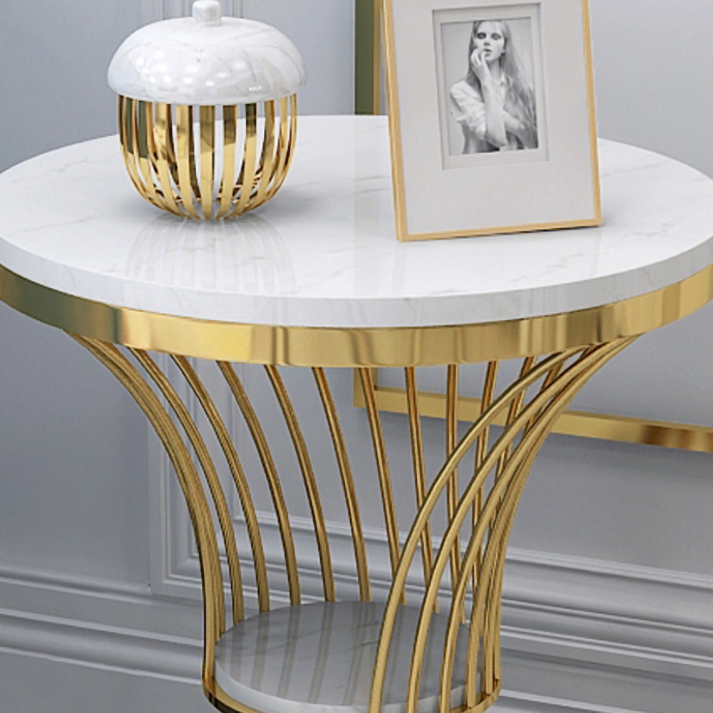 White Round Faux Marble Side Table Spiral-Shaped End Table in Gold window image
