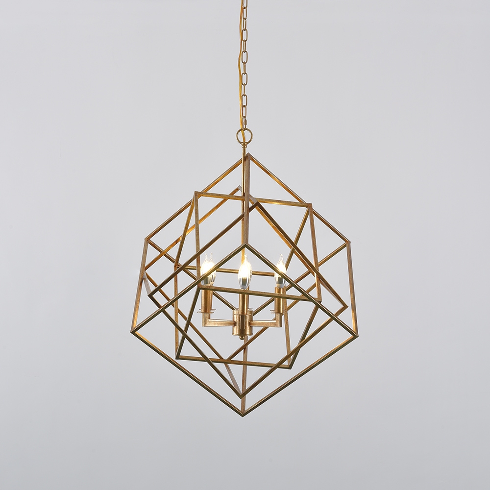 Modern Mid-Century Square Geometric Candle Chandelier 6-Light Antique Gold Ceiling Light window image