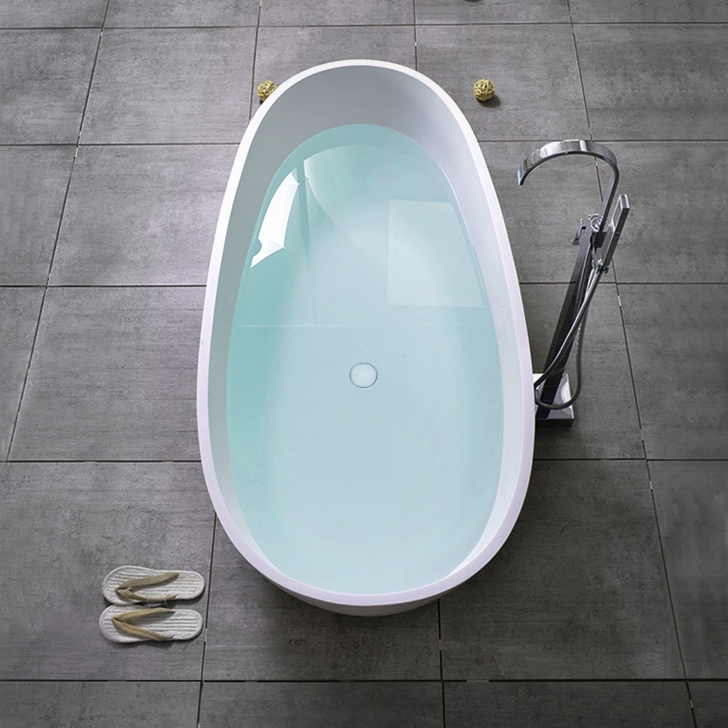 Oval Freestanding Soaking Bathtub Stone Resin with Center Drain & Overflow in Glossy White window image
