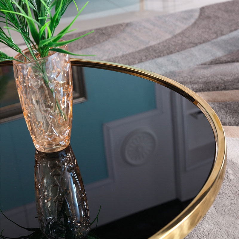 Nordic Black Tempered Glass Round Coffee Table with Stainless Steel Base in Black & Gold window image