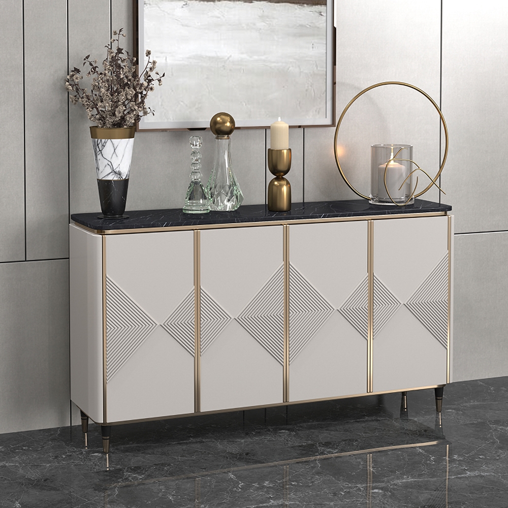 63" White Sideboard Buffet Black Faux Marble Top with Doors & Shelves Gold Finish in Large window image