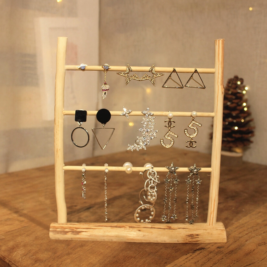 Farmhouse Style Wooden Jewelry Display Stand 3 Tiers Earring Organizer Tabletop Earring Stand window image