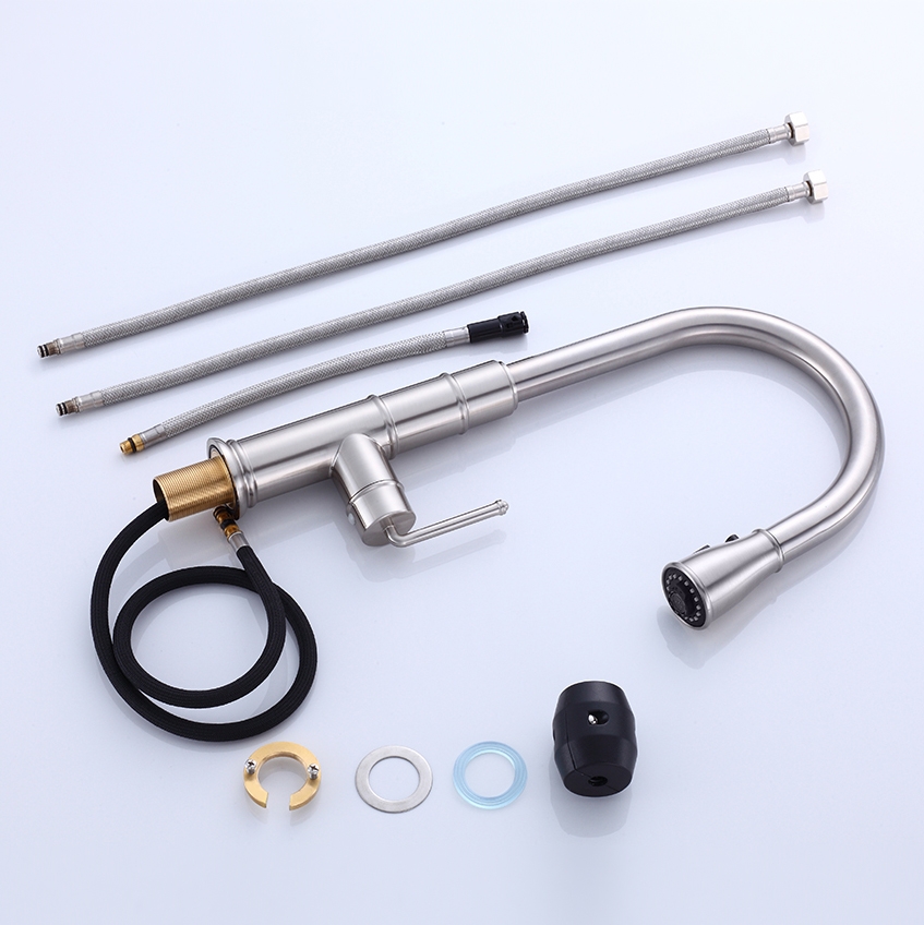 Modern Single Hole Single Handle Brass Pull Out Kitchen Faucet with 3-Function Sprayer in Brushed Nickel Finish window image