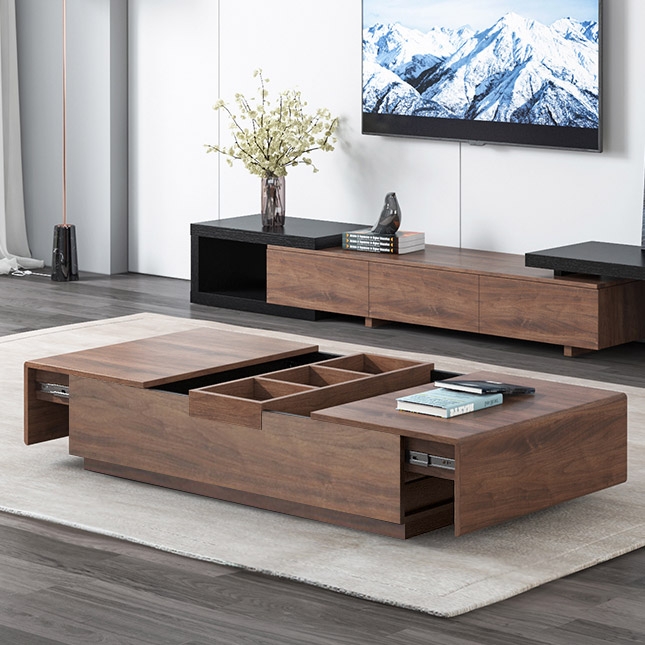 Coffee Table with Storage Wood Coffee Table with Tray Rectangular Coffee Table Mid-Century Walnut Accent Table window image