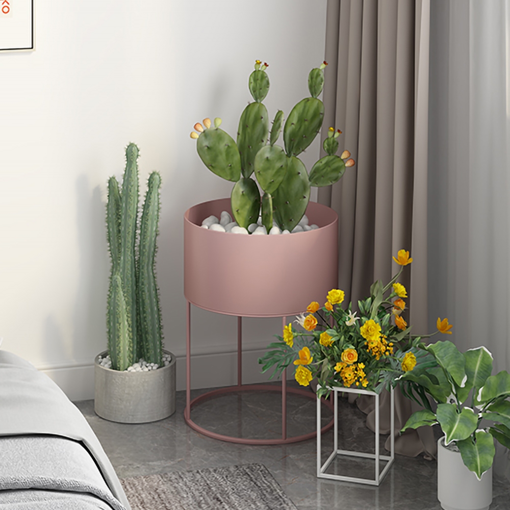 Pink Modern Round Side Table Metal End Table Plant Pot window image