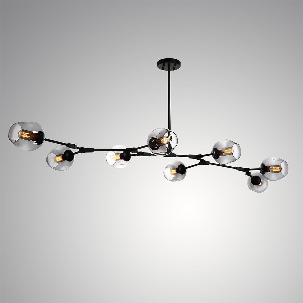 Modern Minimalist Tree Branch Smoky Grey Glass Globe Shade Adjustable Large 8-Light Pendant Light Metal in Black window image