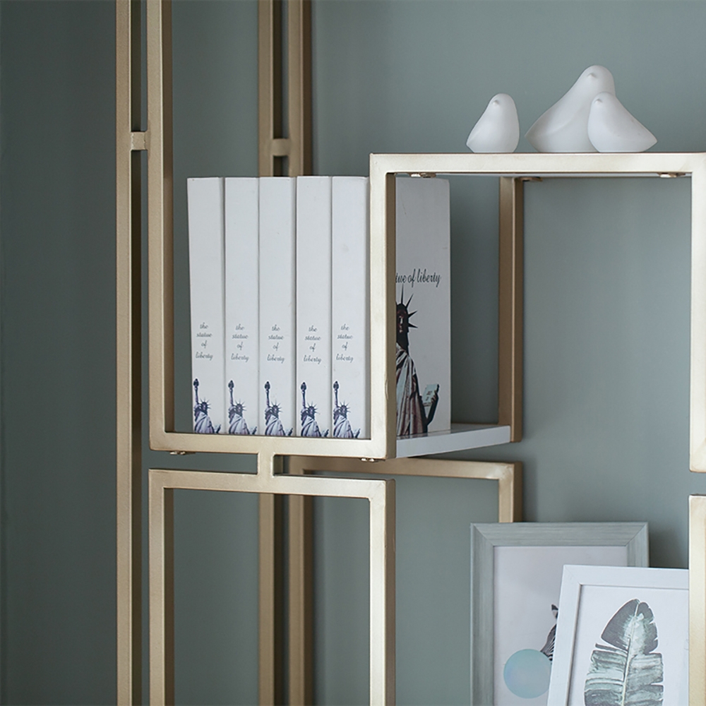 47.2'' Gold Modern Metal Etagere Bookshelf Freestanding Bookcase with  Wood Shelf window image