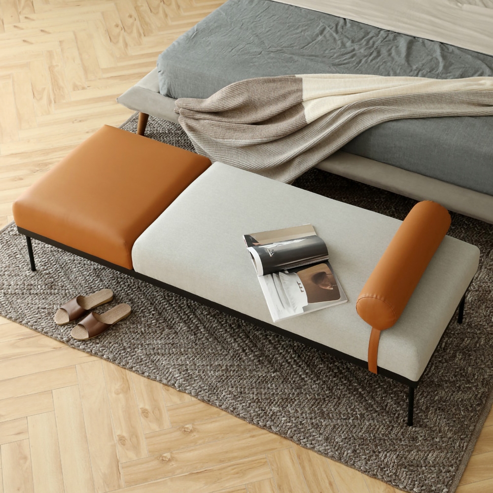 Modern Rectangular Ottoman Grey&Brown PU Leather and Cotton Upholstered Bench window image